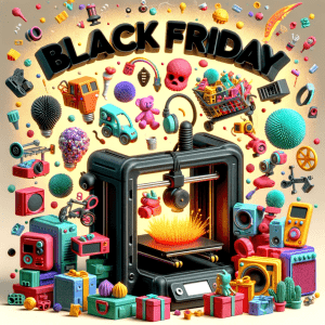 DALL·E 2023-11-20 09.28.50 - A whimsical, text-free scene showing a 3D printer creatively producing a variety of Black Friday themed items. The items include miniature electroni